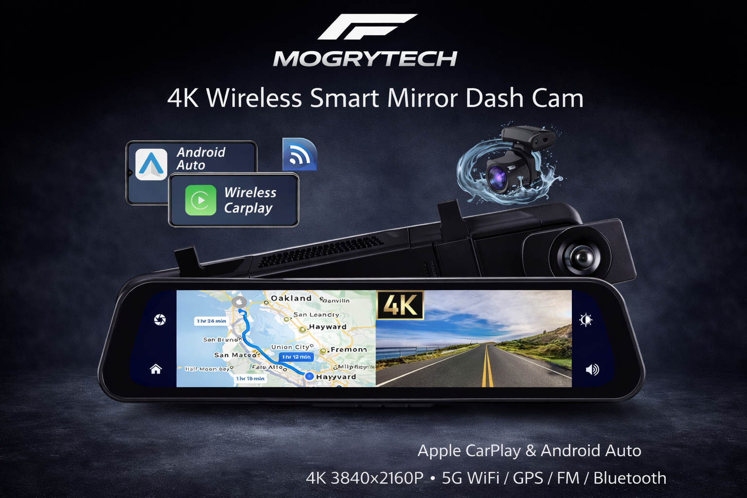 Dash Cam 4K 2160P CarPlay Android Auto | Rearview Mirror GPS 5G WiFi FM AUX DVR