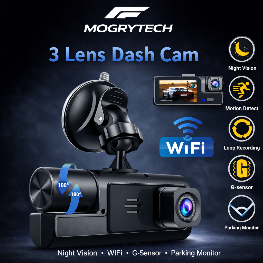 Dash Cam WiFi 3 Channels FHD 1080P | Car DVR Front Rear Inside Night Vision G-Sensor