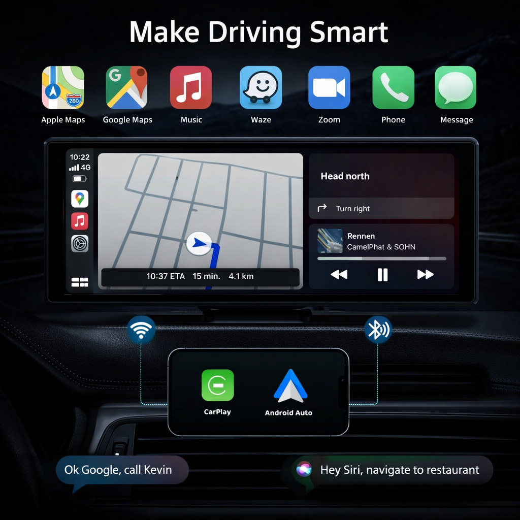 Universal Portable CarPlay Screen | Wireless Car Stereo with Android Auto Touchscreen