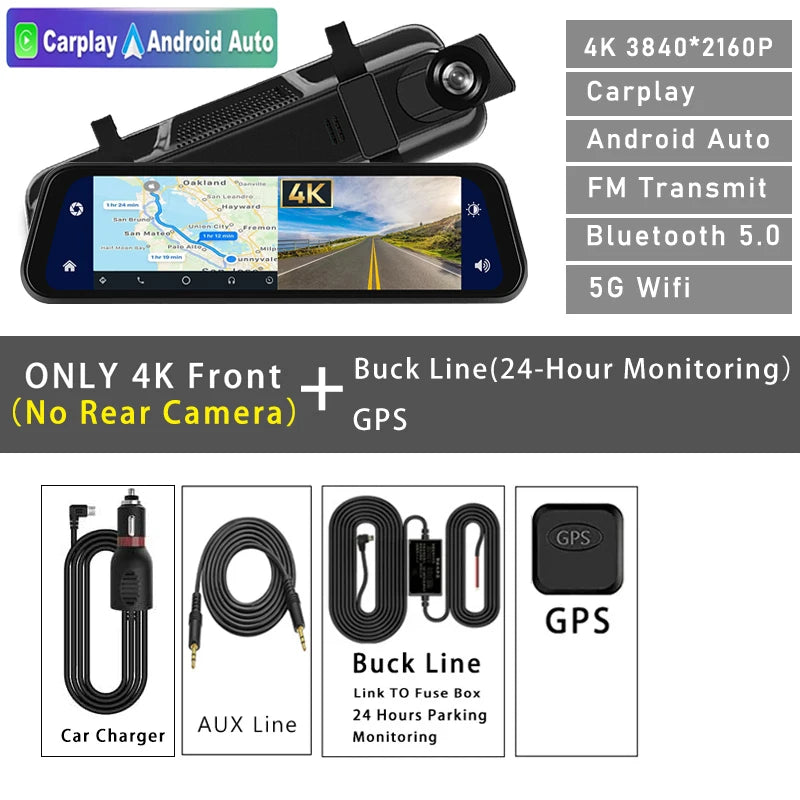 Dash Cam 4K 2160P CarPlay Android Auto | Rearview Mirror GPS 5G WiFi FM AUX DVR