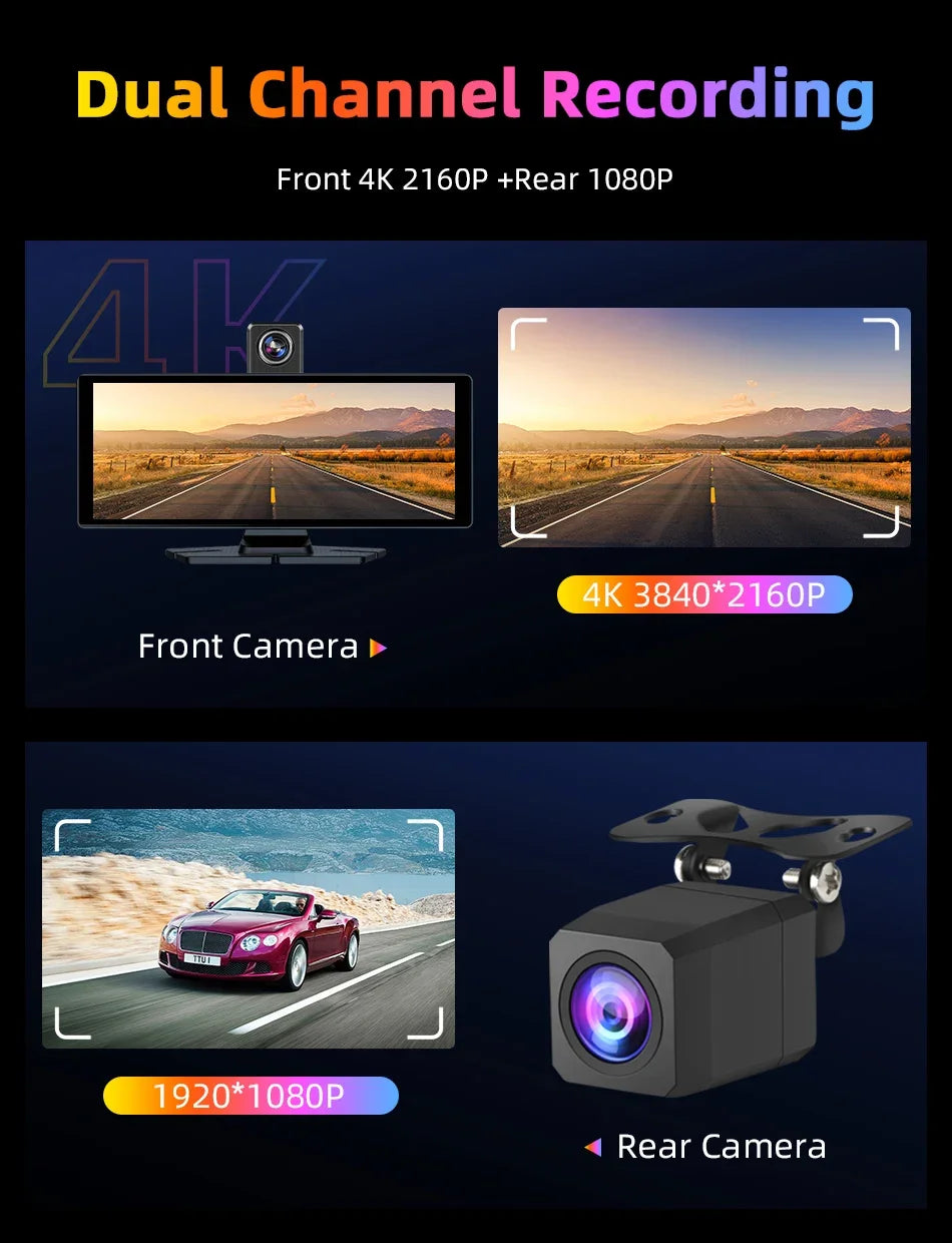 7"/10.26" 4K Dash Cam Wireless CarPlay Android Auto | 350° Rotating Lens GPS DVR