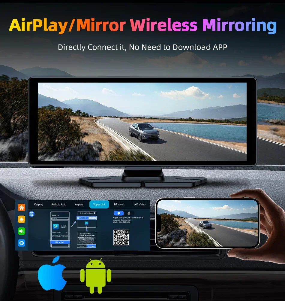 7"/10.26" 4K Dash Cam Wireless CarPlay Android Auto | 350° Rotating Lens GPS DVR