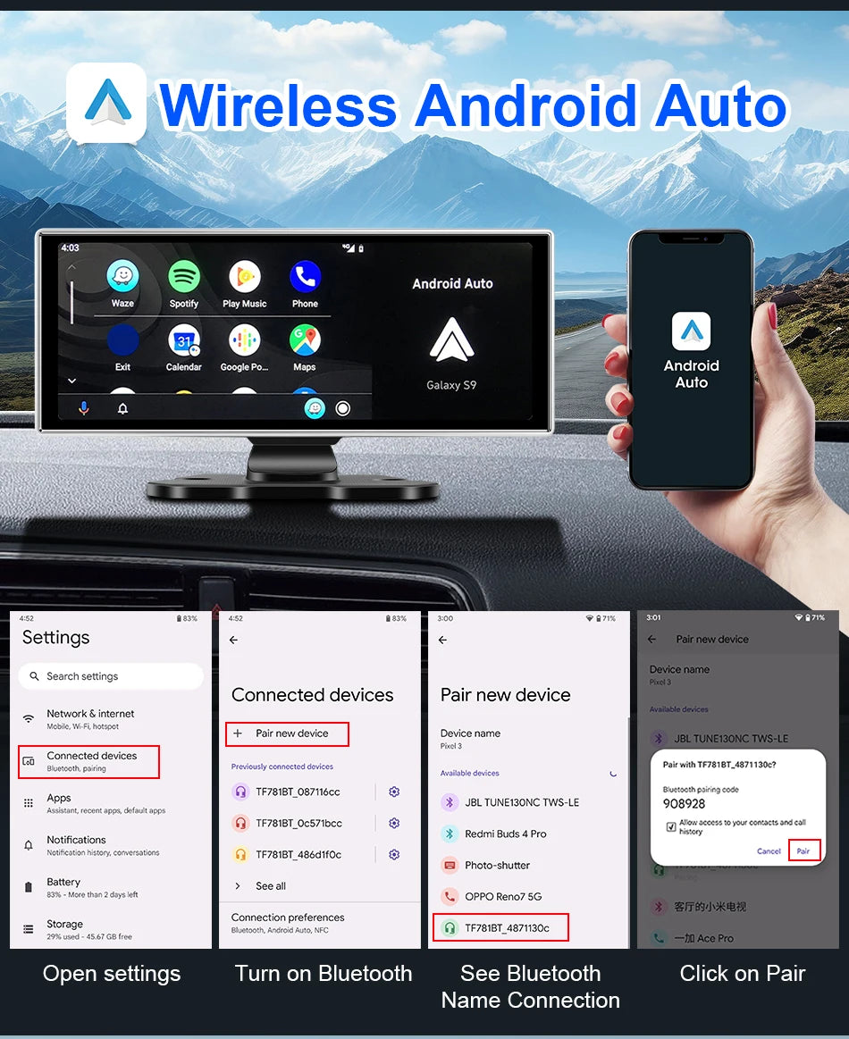 11.26" Dash Cam 4K Car DVR Wireless CarPlay Android Auto | GPS Dual Lens 5G WiFi FM