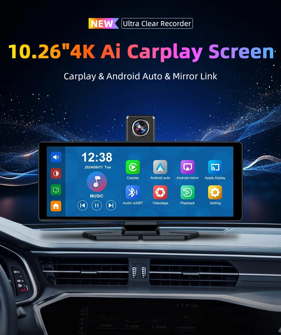 7"/10.26" 4K Dash Cam Wireless CarPlay Android Auto | 350° Rotating Lens GPS DVR