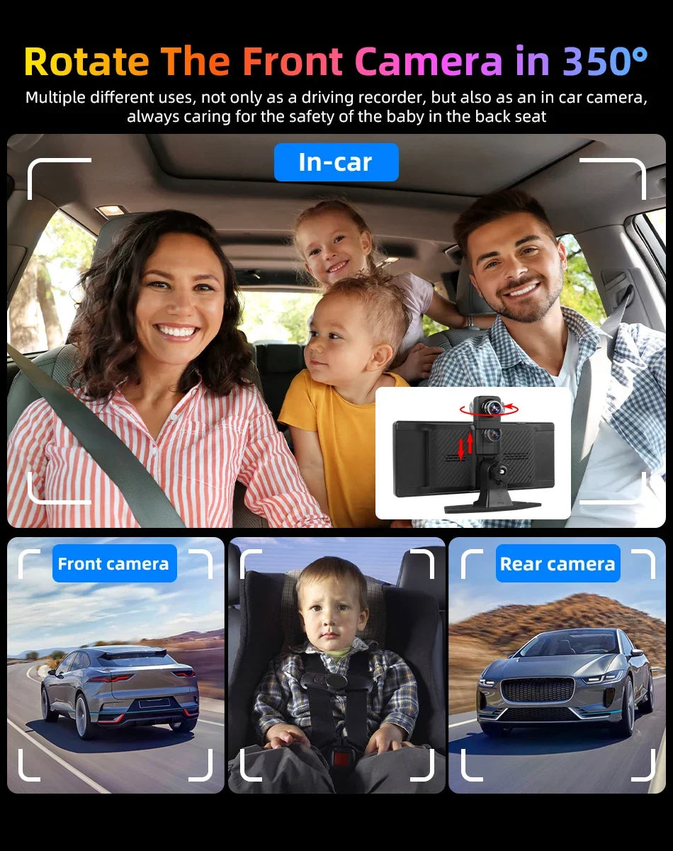 7"/10.26" 4K Dash Cam Wireless CarPlay Android Auto | 350° Rotating Lens GPS DVR