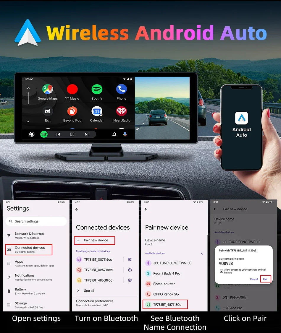 7"/10.26" 4K Dash Cam Wireless CarPlay Android Auto | 350° Rotating Lens GPS DVR
