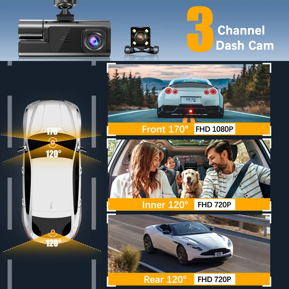 Dash Cam WiFi 3 Channels FHD 1080P | Car DVR Front Rear Inside Night Vision G-Sensor
