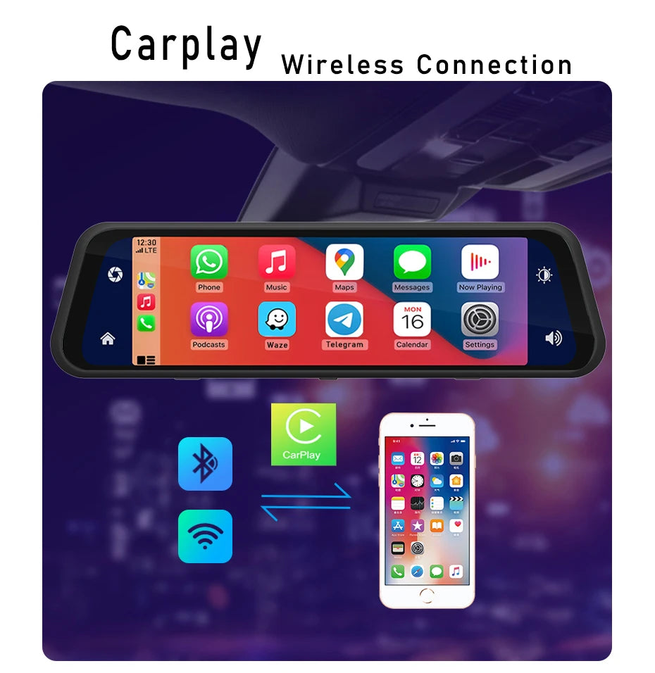 Dash Cam 4K 2160P CarPlay Android Auto | Rearview Mirror GPS 5G WiFi FM AUX DVR