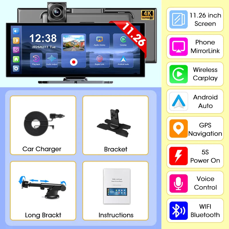 11.26" 4K Dash Cam with Wireless CarPlay & Android Auto | 5G WiFi GPS Navigation DVR