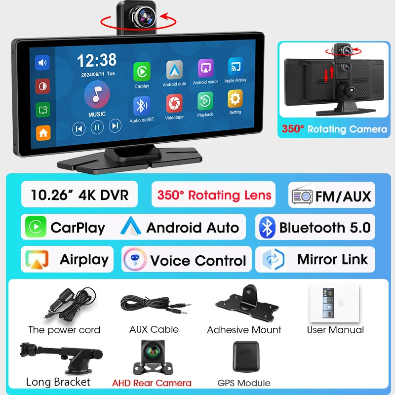 7"/10.26" 4K Dash Cam Wireless CarPlay Android Auto | 350° Rotating Lens GPS DVR
