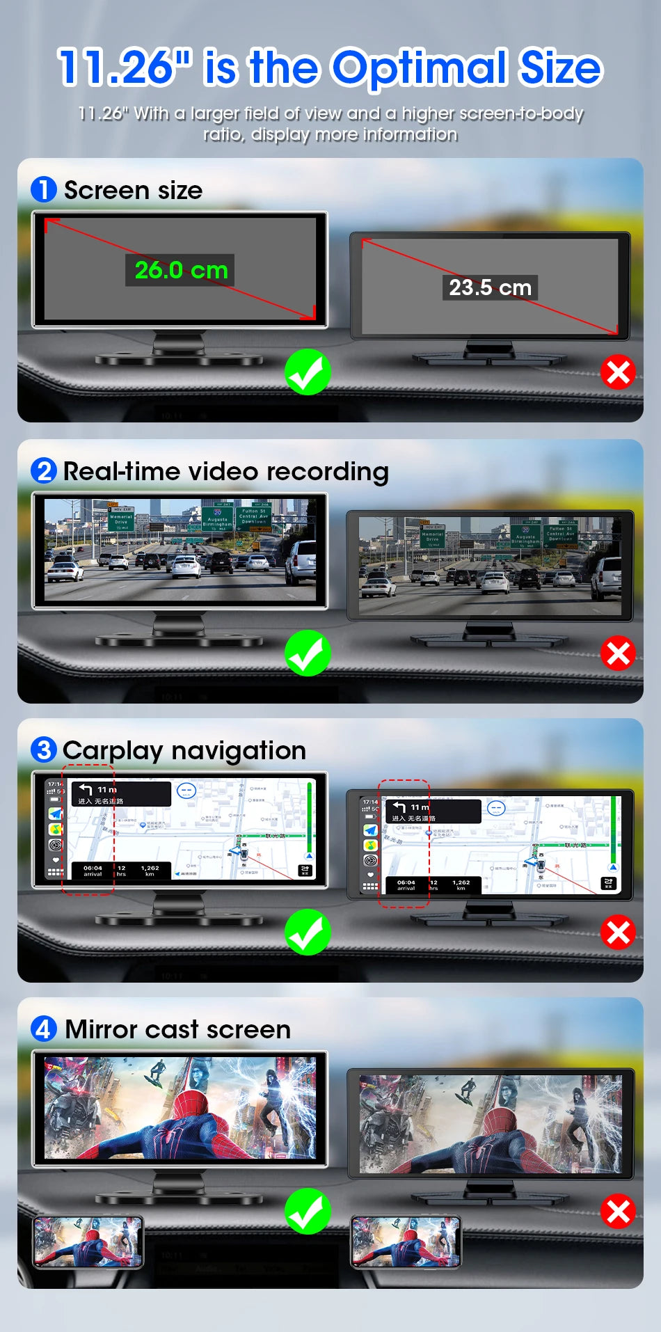 11.26" Dash Cam 4K Car DVR Wireless CarPlay Android Auto | GPS Dual Lens 5G WiFi FM