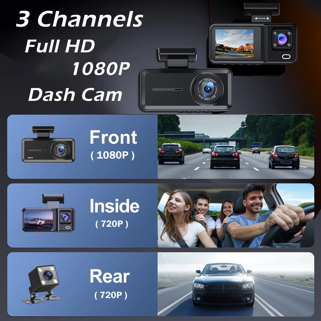 Dash Cam 3 Channel 1080P | Front Rear Inside Car DVR Camera Video Recorder