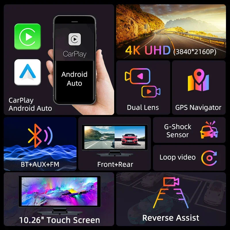 7"/10.26" 4K Dash Cam Wireless CarPlay Android Auto | 350° Rotating Lens GPS DVR