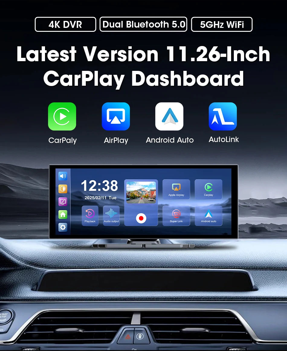 11.26" 4K Dash Cam with Wireless CarPlay & Android Auto | 5G WiFi GPS Navigation DVR