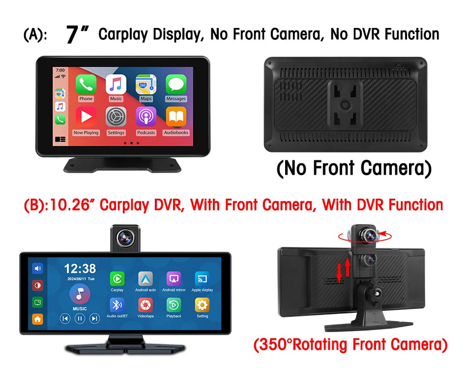 7"/10.26" 4K Dash Cam Wireless CarPlay Android Auto | 350° Rotating Lens GPS DVR