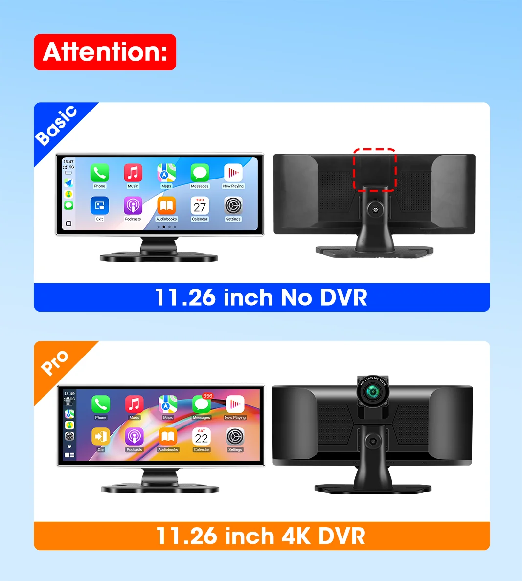 11.26" Dash Cam 4K Car DVR Wireless CarPlay Android Auto | GPS Dual Lens 5G WiFi FM