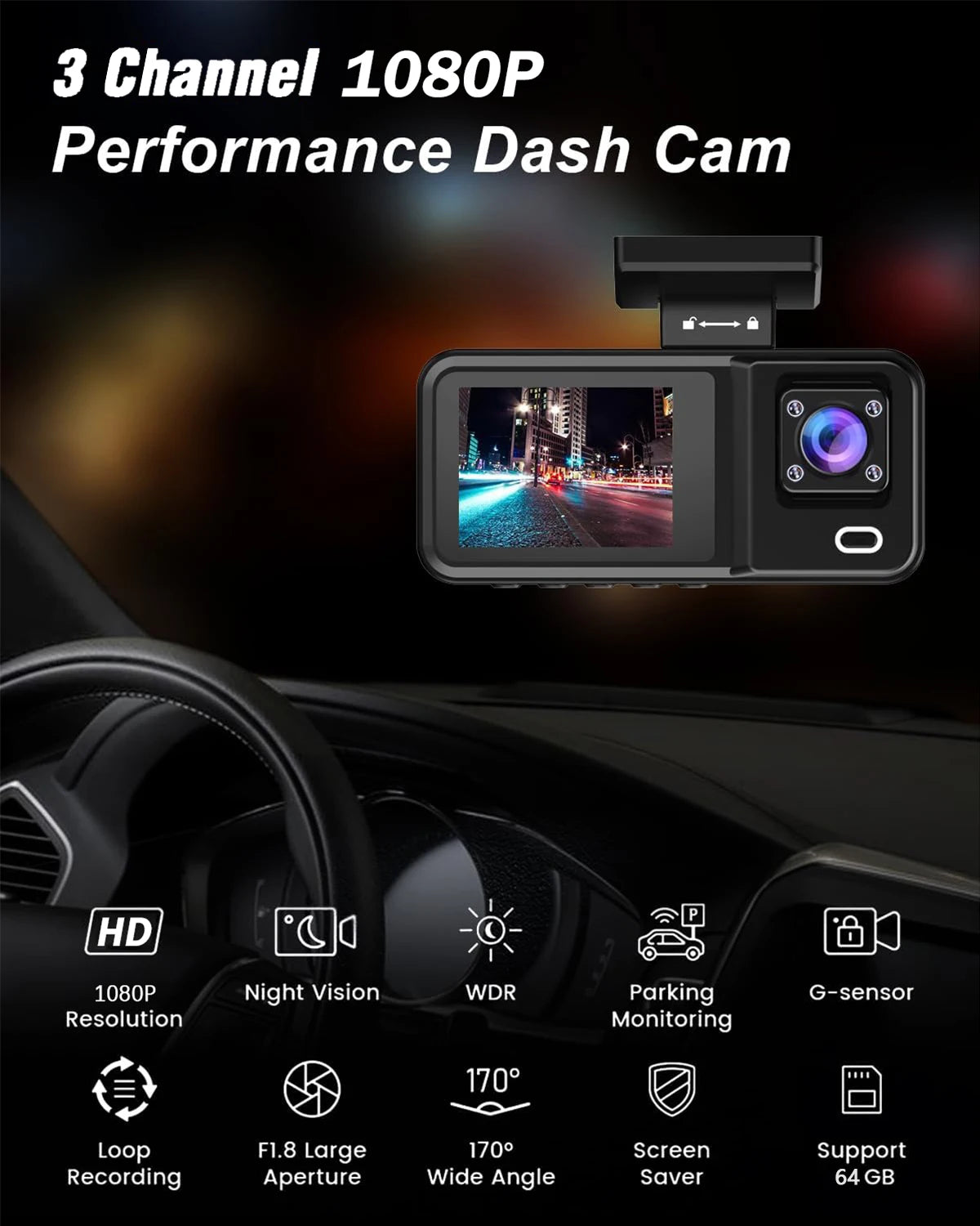 Dash Cam 3 Channel 1080P | Front Rear Inside Car DVR Camera Video Recorder