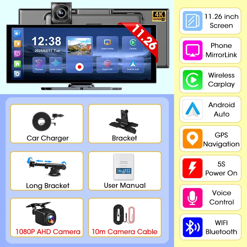 11.26" 4K Dash Cam with Wireless CarPlay & Android Auto | 5G WiFi GPS Navigation DVR