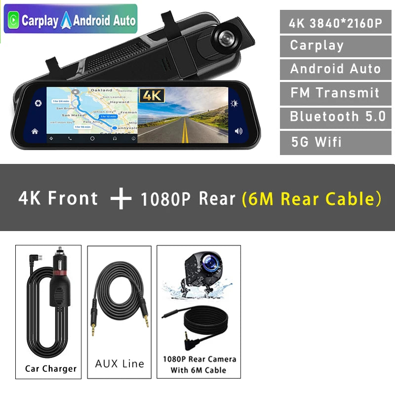 Dash Cam 4K 2160P CarPlay Android Auto | Rearview Mirror GPS 5G WiFi FM AUX DVR