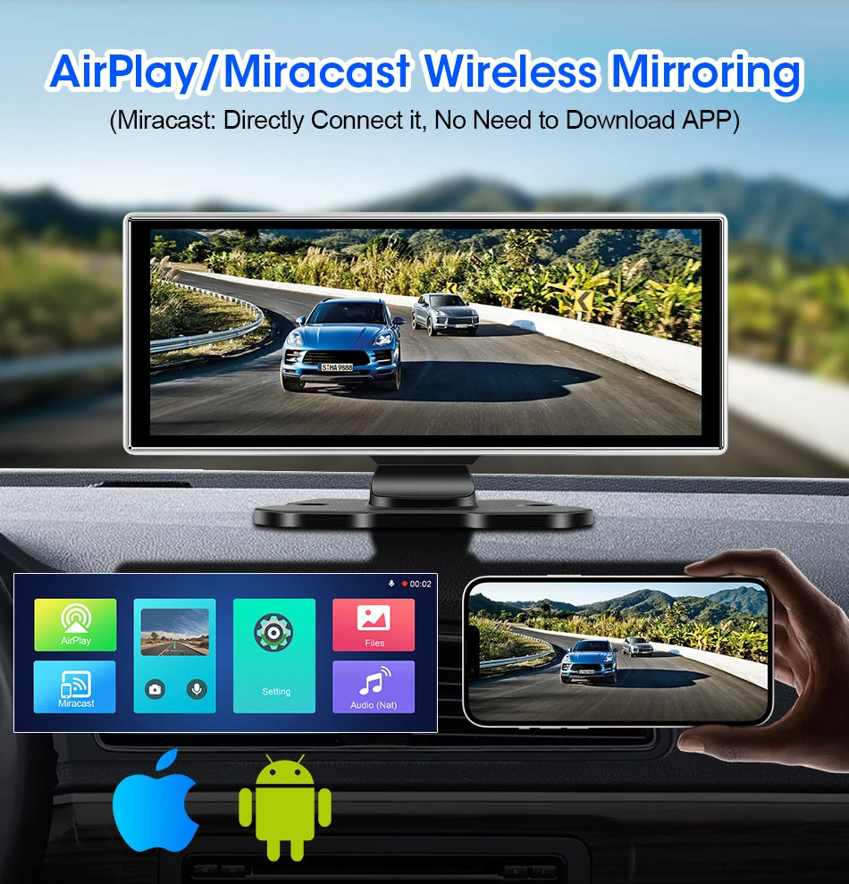 11.26" Dash Cam 4K Car DVR Wireless CarPlay Android Auto | GPS Dual Lens 5G WiFi FM