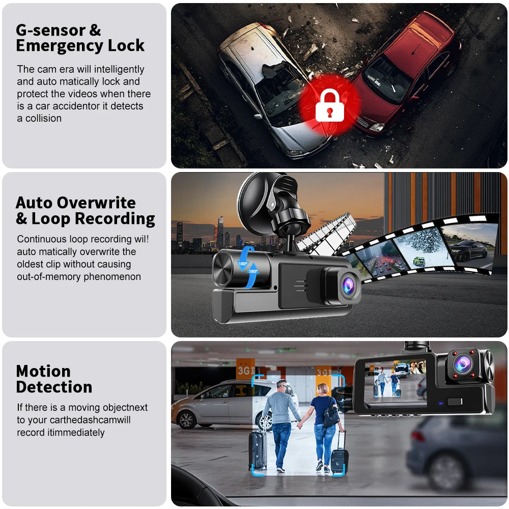Dash Cam WiFi 3 Channels FHD 1080P | Car DVR Front Rear Inside Night Vision G-Sensor