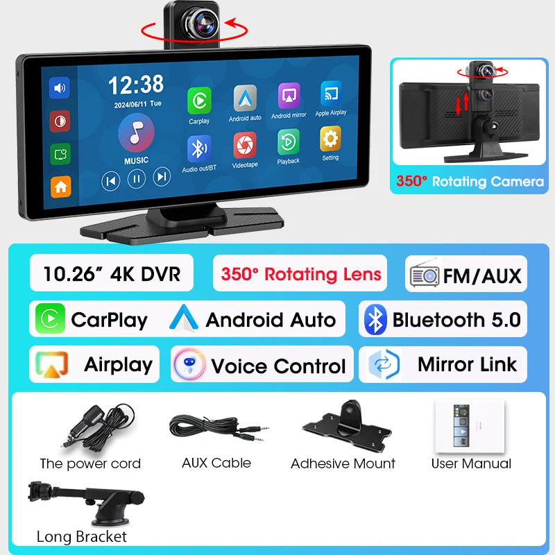 7"/10.26" 4K Dash Cam Wireless CarPlay Android Auto | 350° Rotating Lens GPS DVR