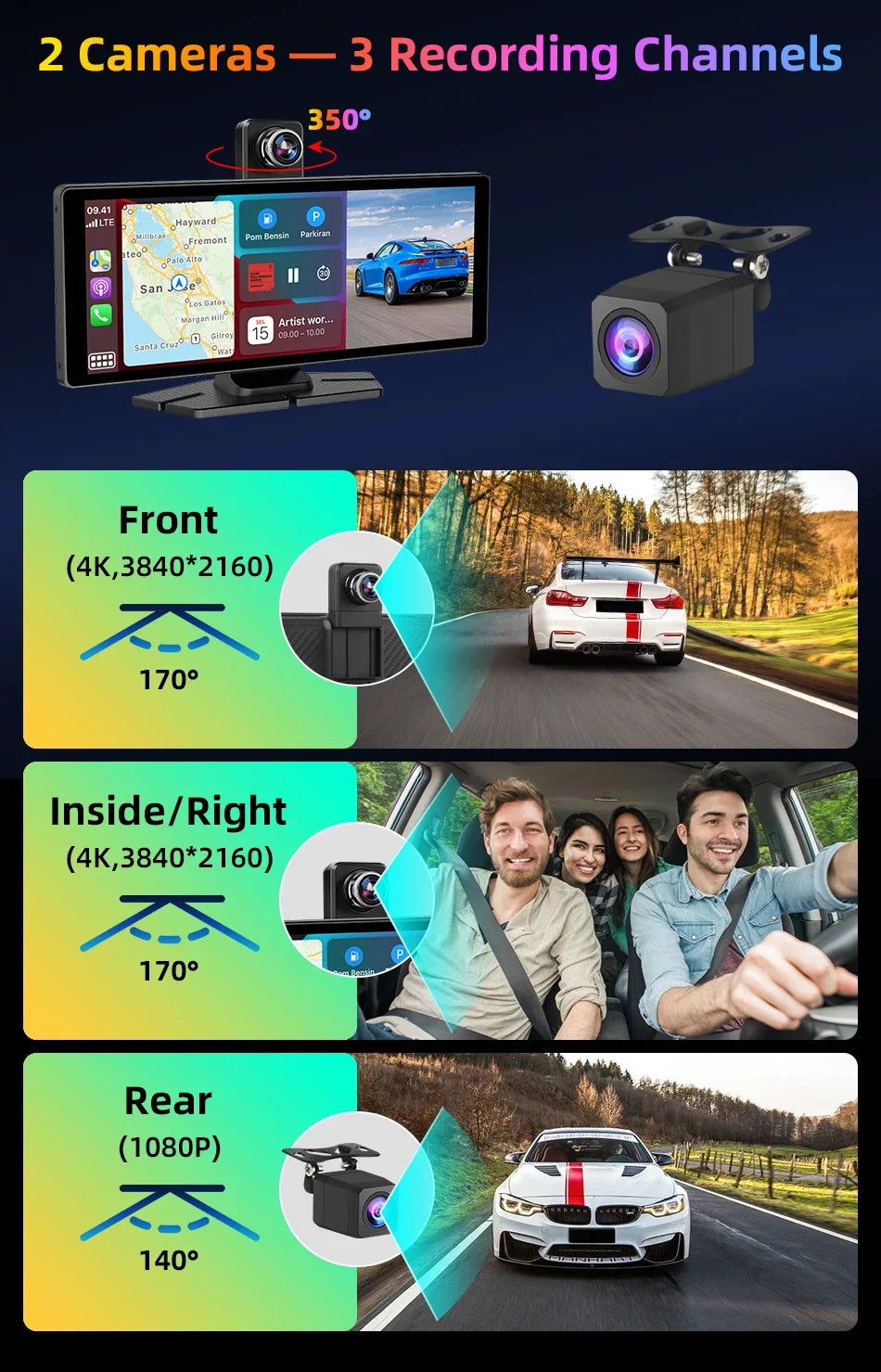 7"/10.26" 4K Dash Cam Wireless CarPlay Android Auto | 350° Rotating Lens GPS DVR