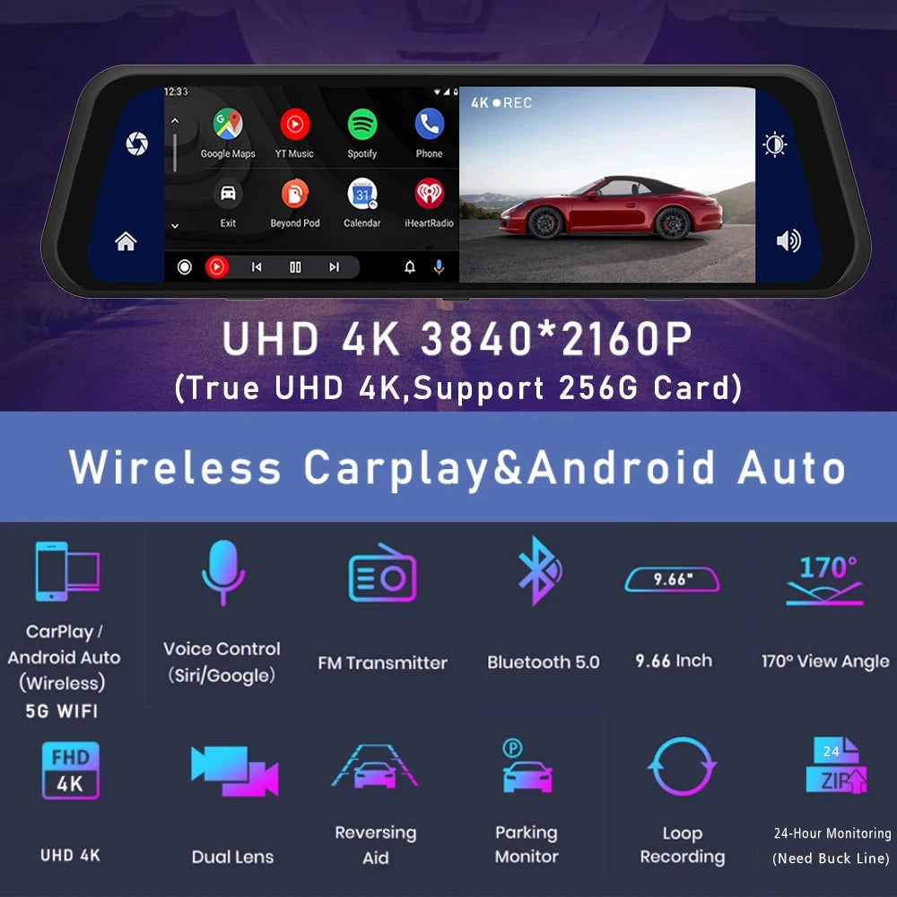 Dash Cam 4K 2160P CarPlay Android Auto | Rearview Mirror GPS 5G WiFi FM AUX DVR
