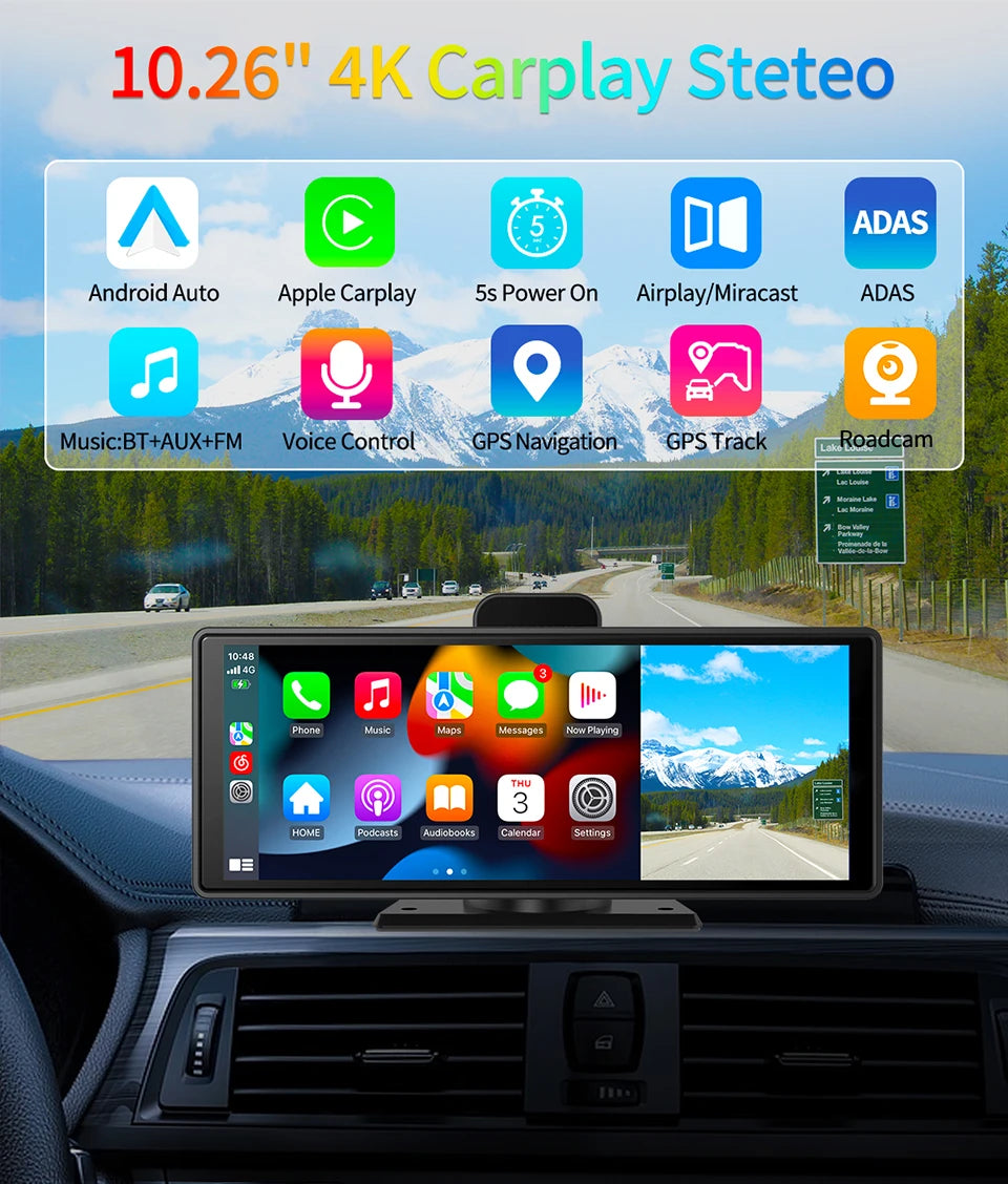 10.26" 4K Dash Cam ADAS Wireless CarPlay Android Auto | 5G WiFi GPS Navigation DVR