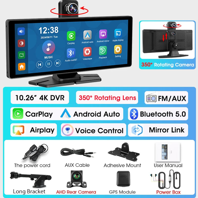7"/10.26" 4K Dash Cam Wireless CarPlay Android Auto | 350° Rotating Lens GPS DVR