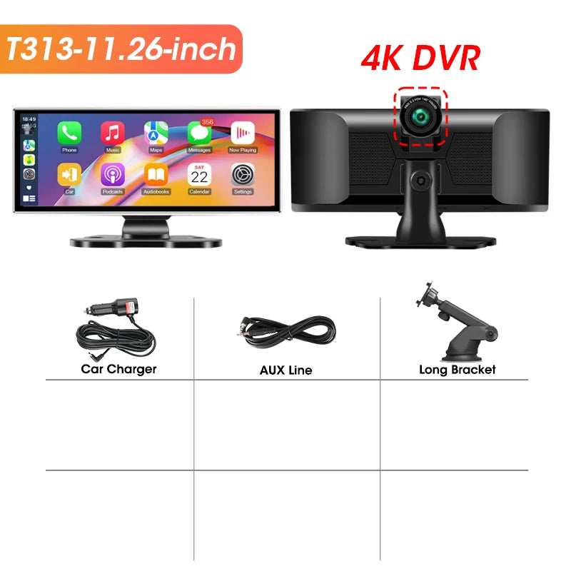 11.26" Dash Cam 4K Car DVR Wireless CarPlay Android Auto | GPS Dual Lens 5G WiFi FM