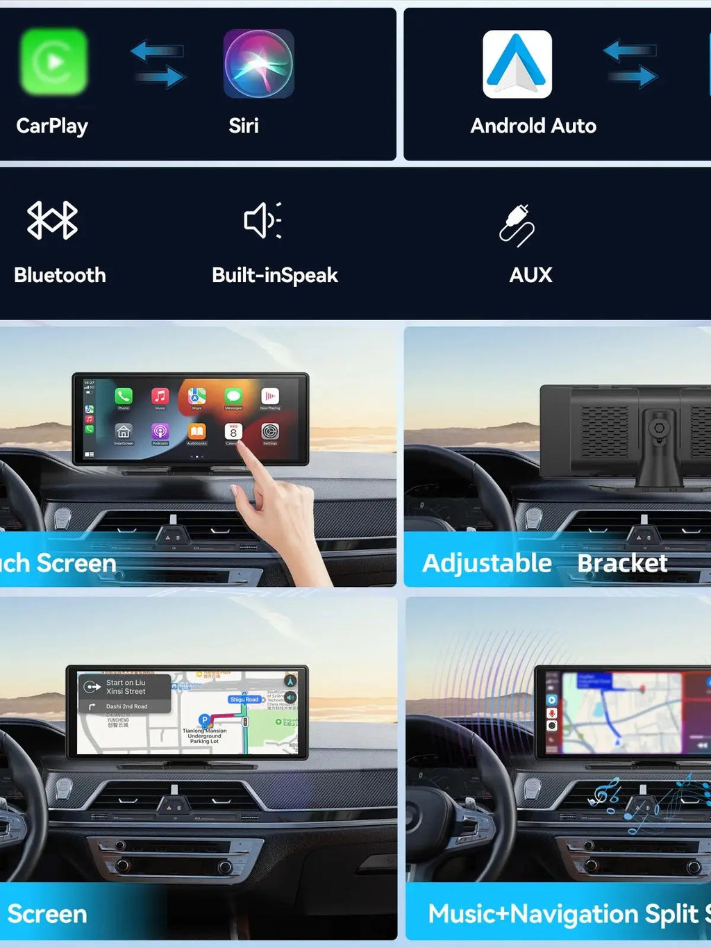 Universal Portable CarPlay Screen | Wireless Car Stereo with Android Auto Touchscreen