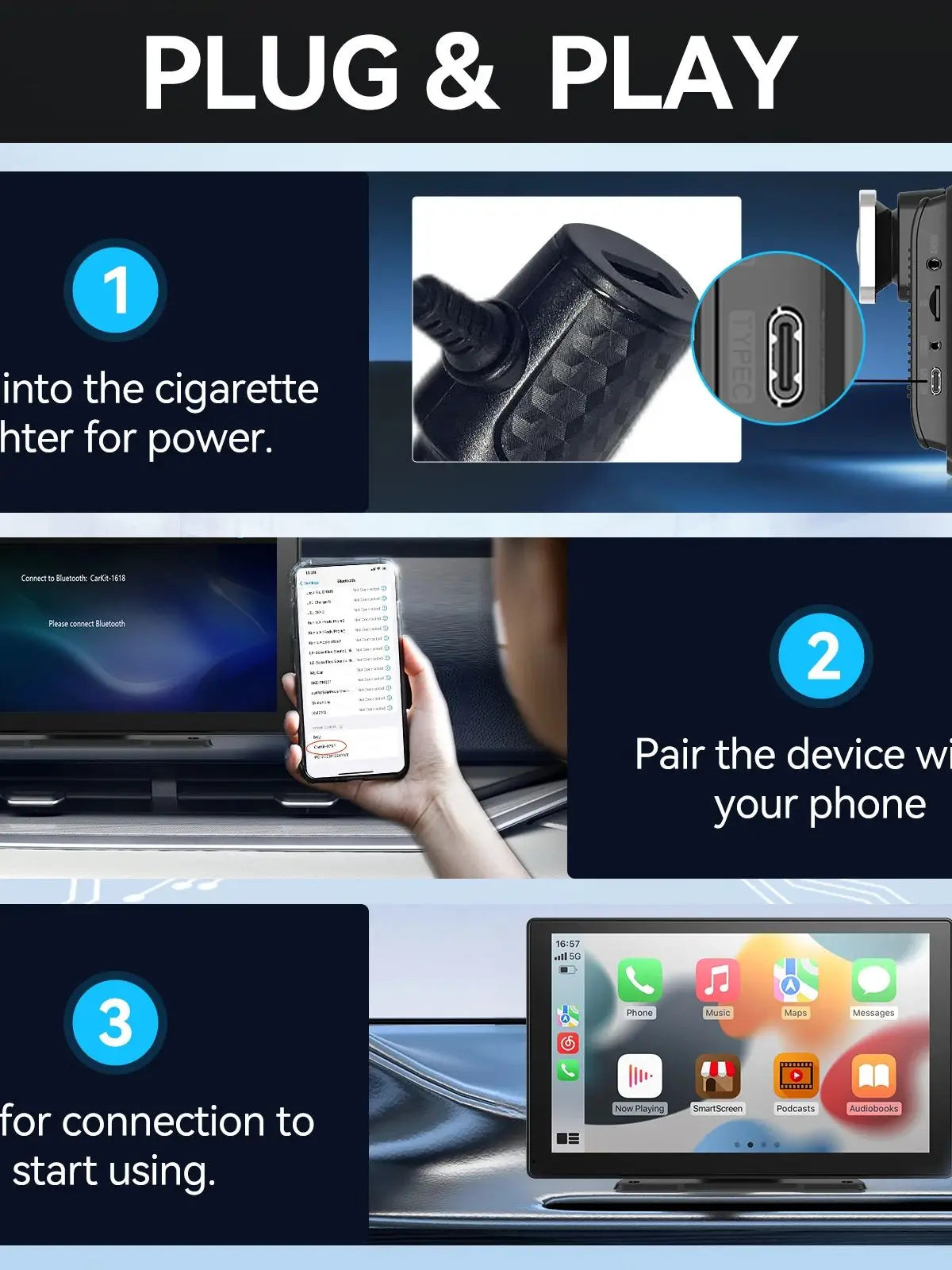 Universal Portable CarPlay Screen | Wireless Car Stereo with Android Auto Touchscreen