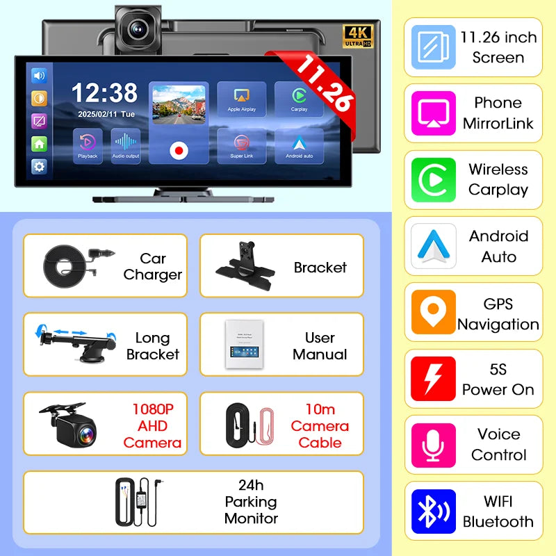 11.26" 4K Dash Cam with Wireless CarPlay & Android Auto | 5G WiFi GPS Navigation DVR