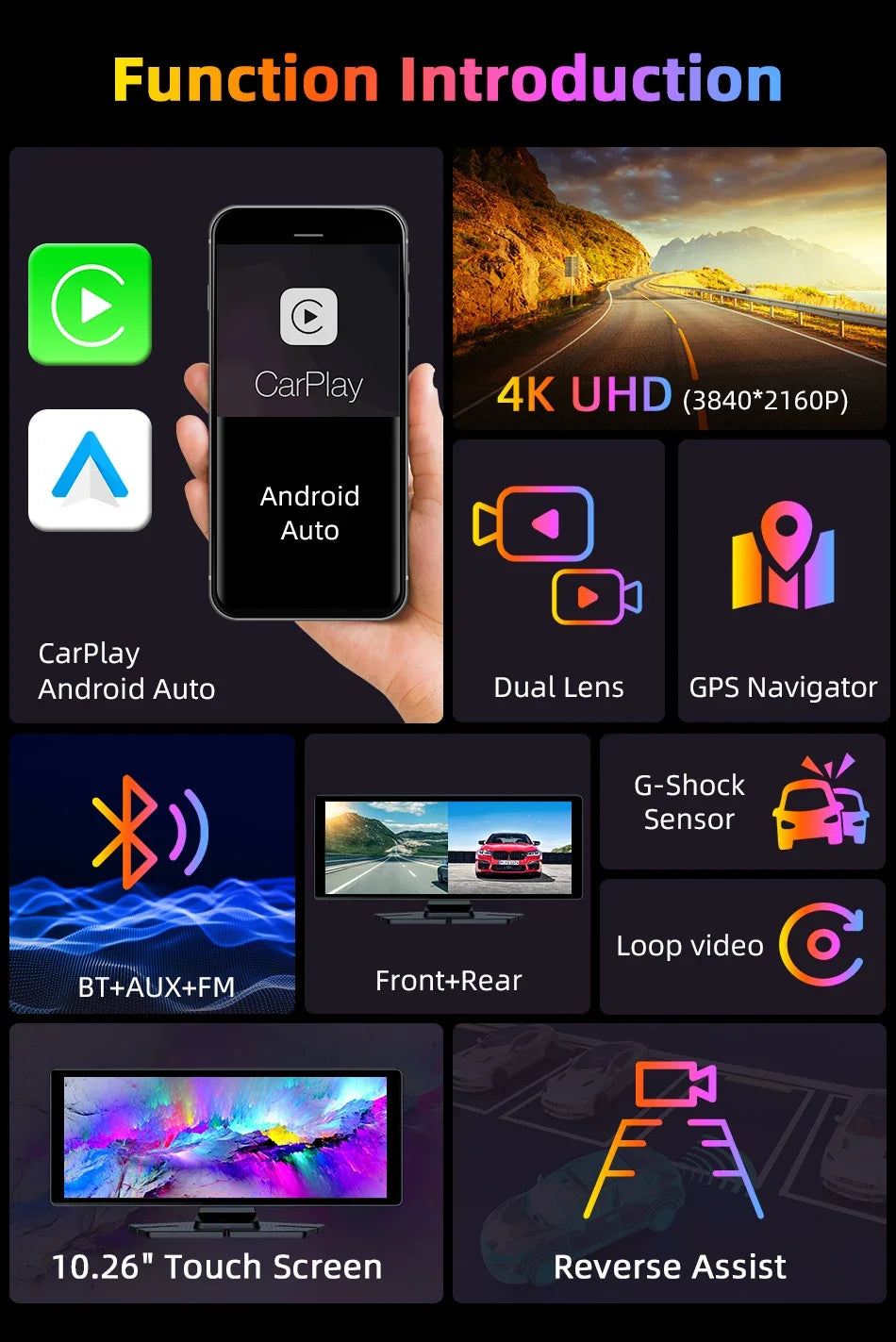 7"/10.26" 4K Dash Cam Wireless CarPlay Android Auto | 350° Rotating Lens GPS DVR