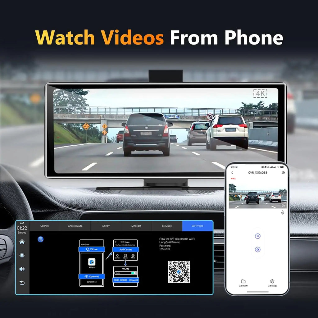 11.26" Dash Cam 4K Car DVR Wireless CarPlay Android Auto | GPS Dual Lens 5G WiFi FM