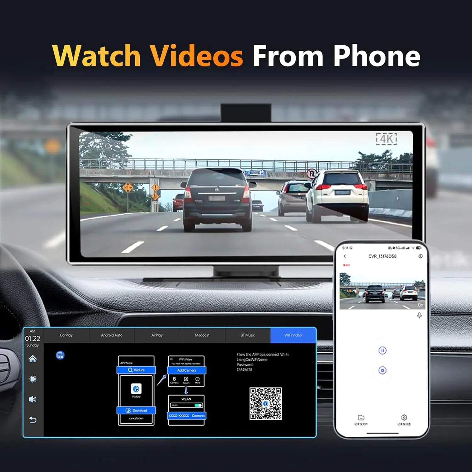 11.26" Dash Cam 4K Car DVR Wireless CarPlay Android Auto | GPS Dual Lens 5G WiFi FM