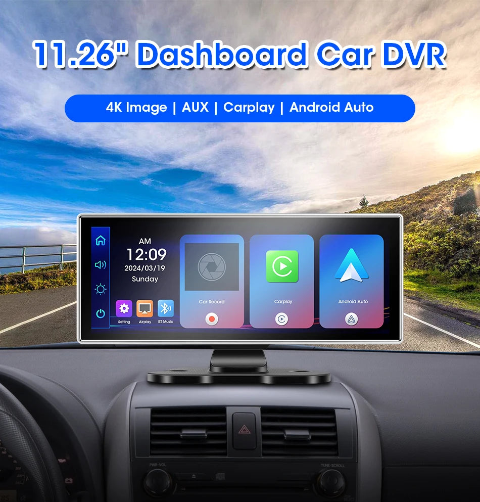 11.26" Dash Cam 4K Car DVR Wireless CarPlay Android Auto | GPS Dual Lens 5G WiFi FM