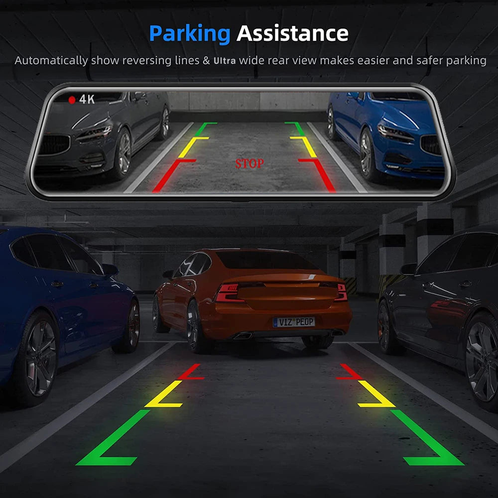 Dash Cam 4K 2160P CarPlay Android Auto | Rearview Mirror GPS 5G WiFi FM AUX DVR