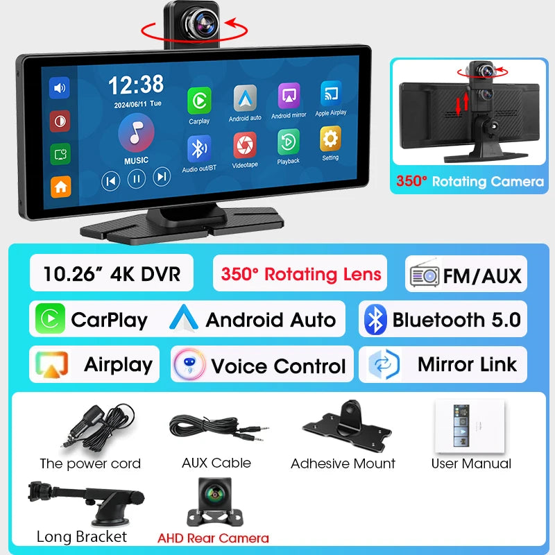 7"/10.26" 4K Dash Cam Wireless CarPlay Android Auto | 350° Rotating Lens GPS DVR