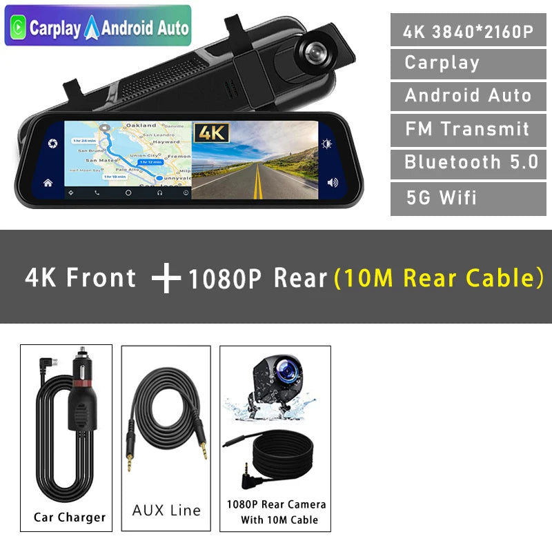 Dash Cam 4K 2160P CarPlay Android Auto | Rearview Mirror GPS 5G WiFi FM AUX DVR
