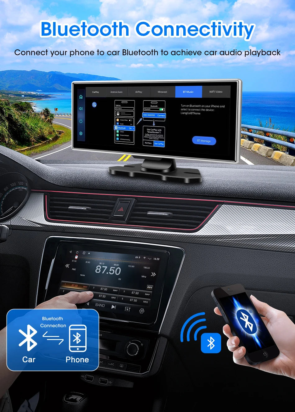 11.26" Dash Cam 4K Car DVR Wireless CarPlay Android Auto | GPS Dual Lens 5G WiFi FM