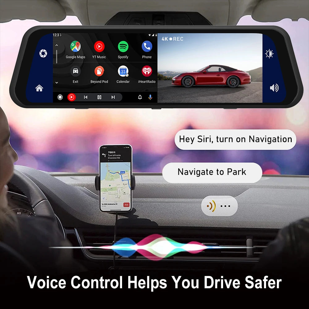 Dash Cam 4K 2160P CarPlay Android Auto | Rearview Mirror GPS 5G WiFi FM AUX DVR