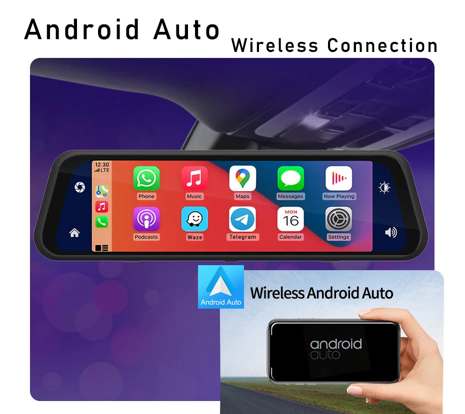 Dash Cam 4K 2160P CarPlay Android Auto | Rearview Mirror GPS 5G WiFi FM AUX DVR
