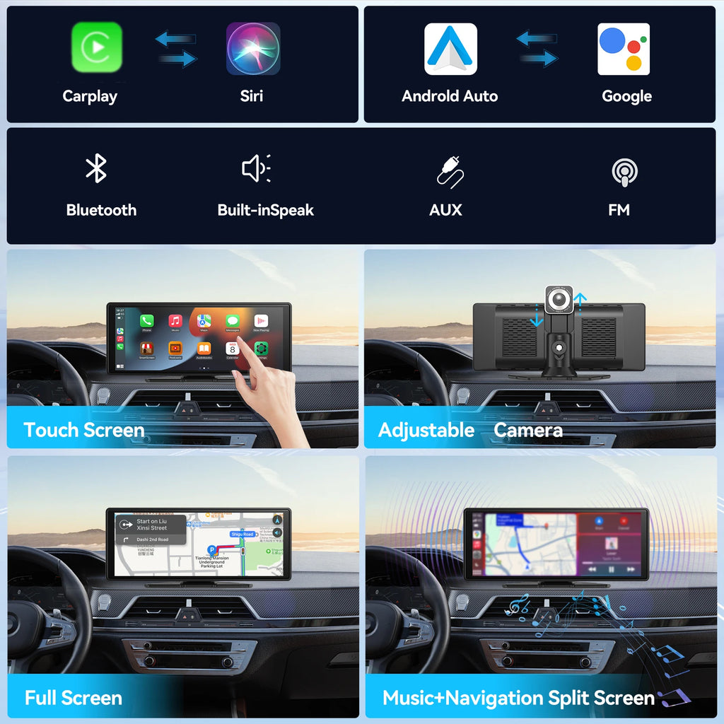 Universal Portable CarPlay Screen | Wireless Car Stereo with Android Auto Touchscreen