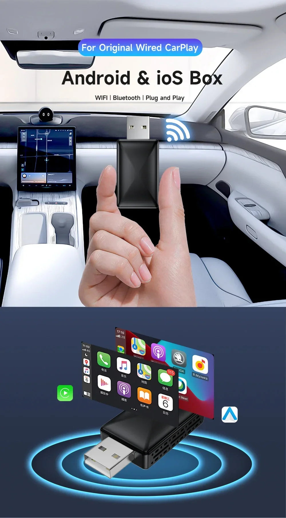 CarPlay Android Auto Wireless Adapter | Convert Wired to Wireless Car Dongle