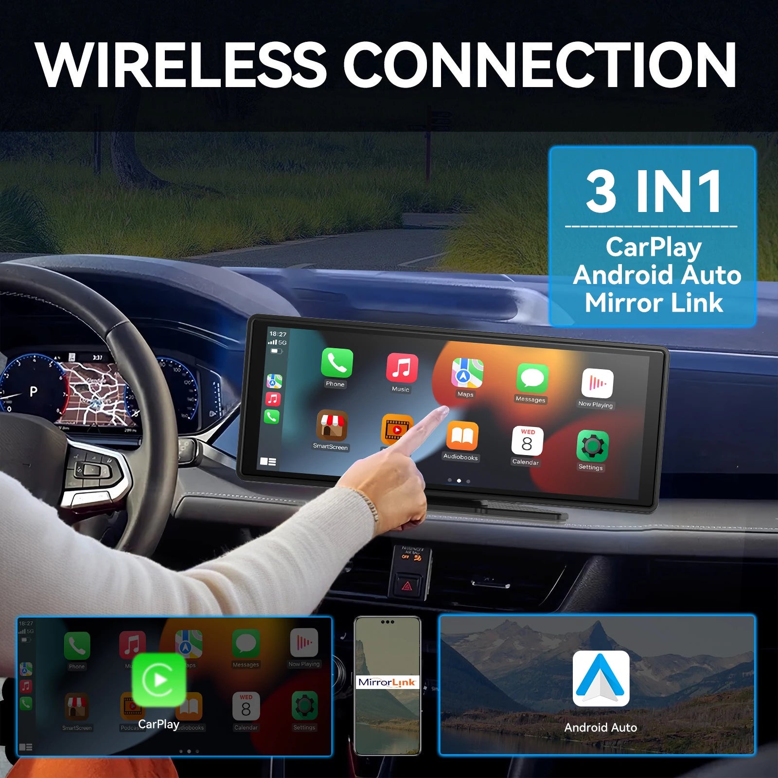 Universal Portable CarPlay Screen | Wireless Car Stereo with Android Auto Touchscreen