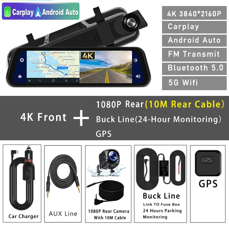 Dash Cam 4K 2160P CarPlay Android Auto | Rearview Mirror GPS 5G WiFi FM AUX DVR