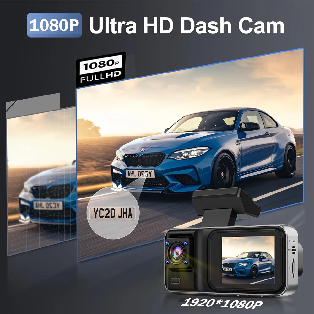 Dash Cam 3 Channel 1080P | Front Rear Inside Car DVR Camera Video Recorder
