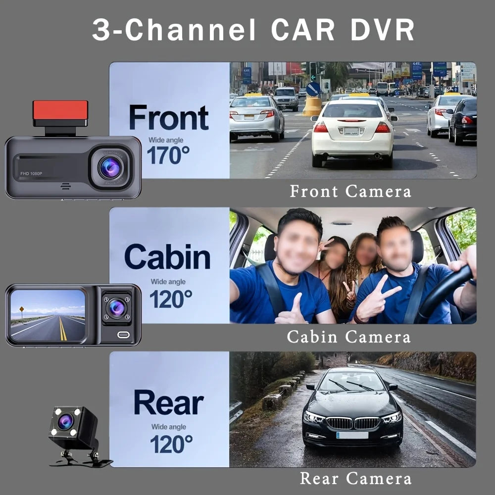 Dash Cam 3 Channel 1080P | Front Rear Inside Car DVR Camera Video Recorder